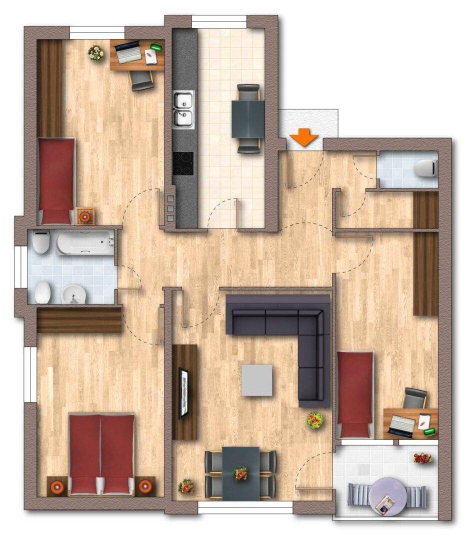 Detaillierter Grundriss einer Wohnung mit mehreren Zimmern und Balkon.