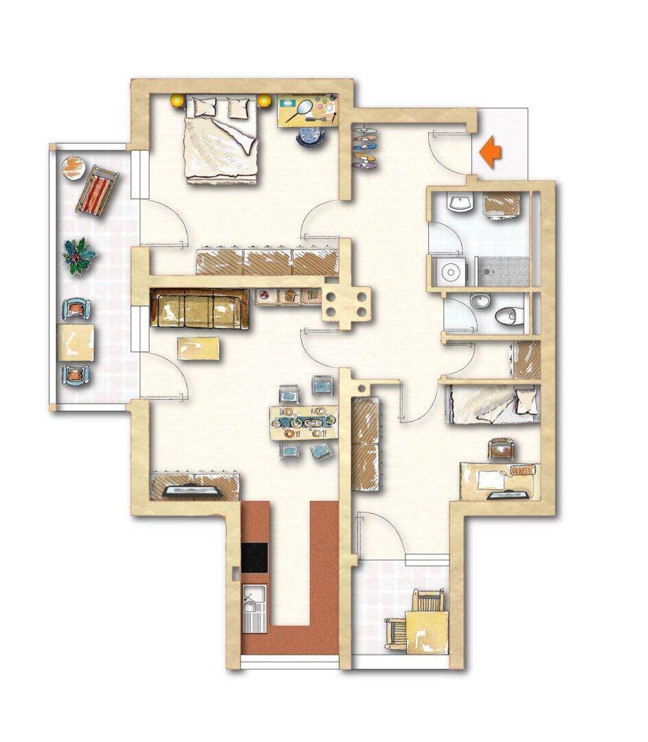 Detaillierter Grundriss einer Wohnung mit Schlafzimmer, offenem Wohnbereich und zwei Bädern.