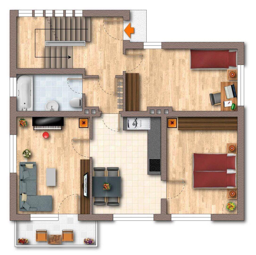 Grundriss des Obergeschosses mit offenem Wohnbereich, zwei Schlafzimmern, Bad und Balkon.