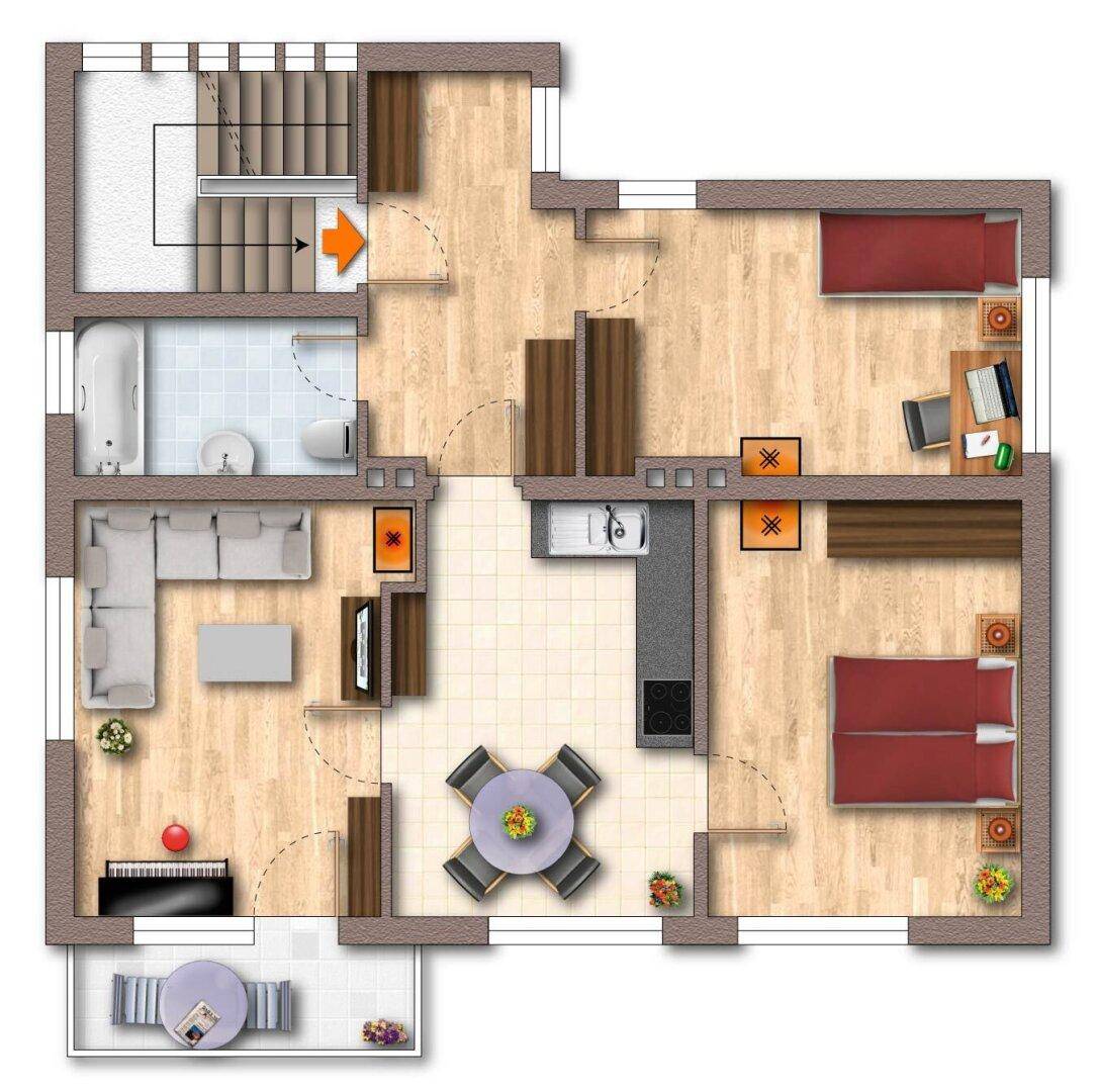 Grundriss des Obergeschosses mit offenem Wohnbereich, zwei Schlafzimmern, Bad und Balkon.