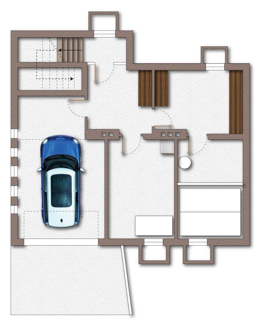 Grundriss des Erdgeschosses mit integrierter Garage und zusätzlichen Abstellräumen.
