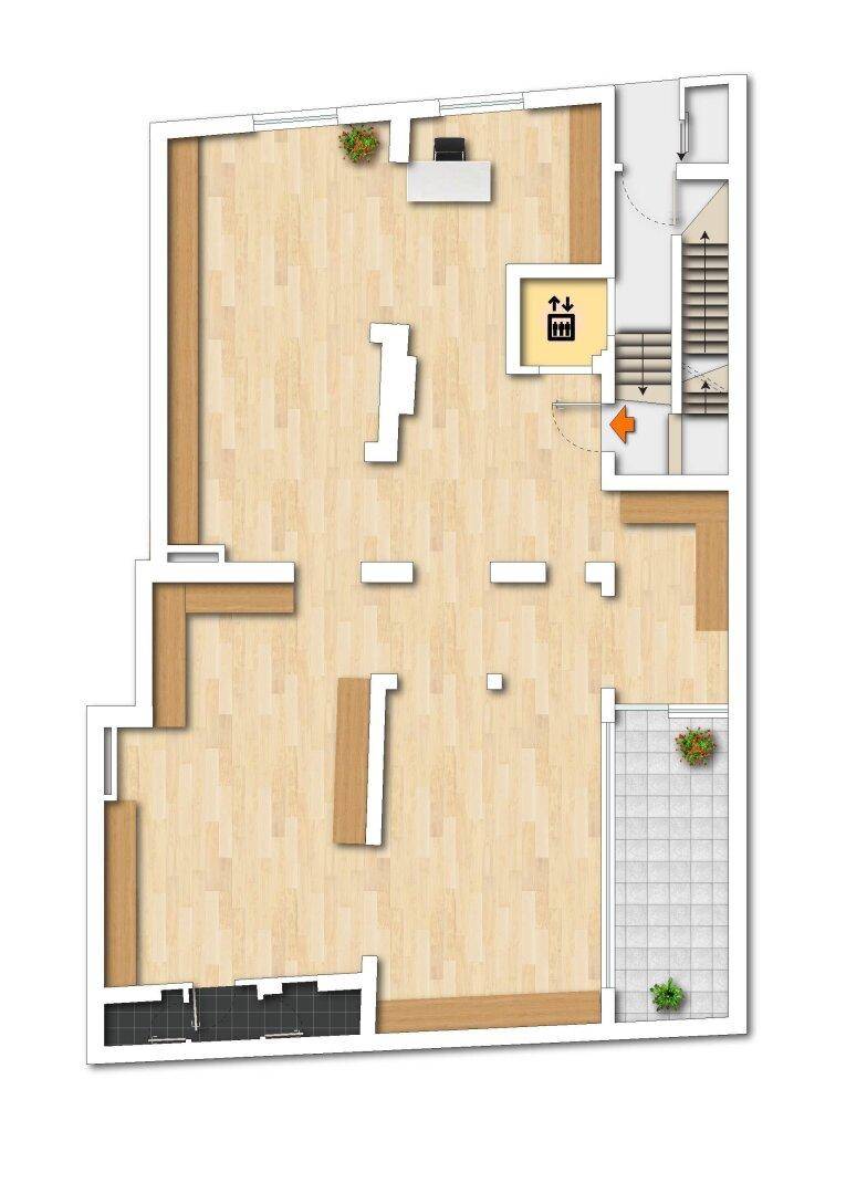 Grundriss des Erdgeschosses mit offenem Layout und Aufzug.
