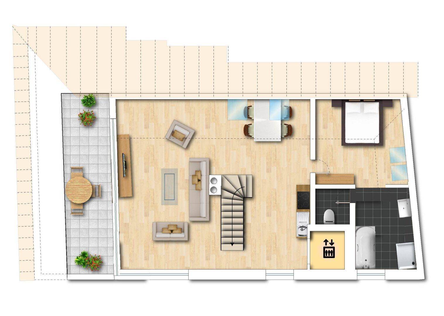 Grundriss des Dachgeschosses mit Terrasse, Schlafzimmer und offenem Wohnbereich.