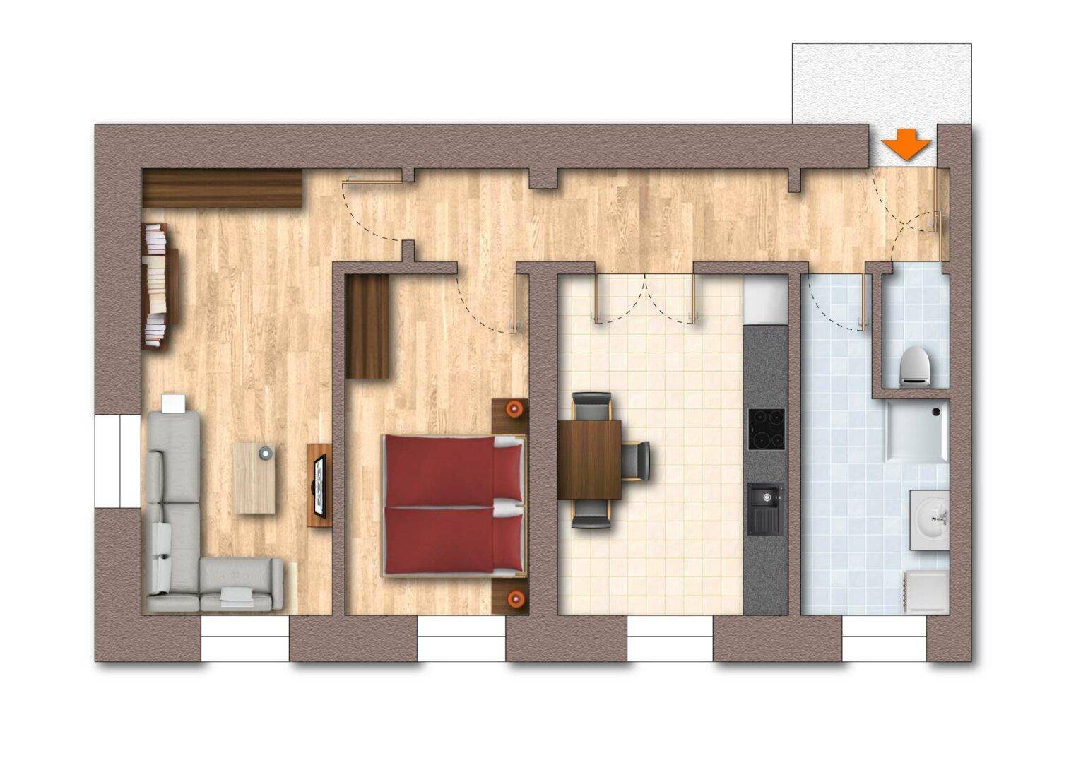 Übersichtlicher Grundriss einer Wohnung mit Schlafzimmer, Wohnbereich und Balkon.