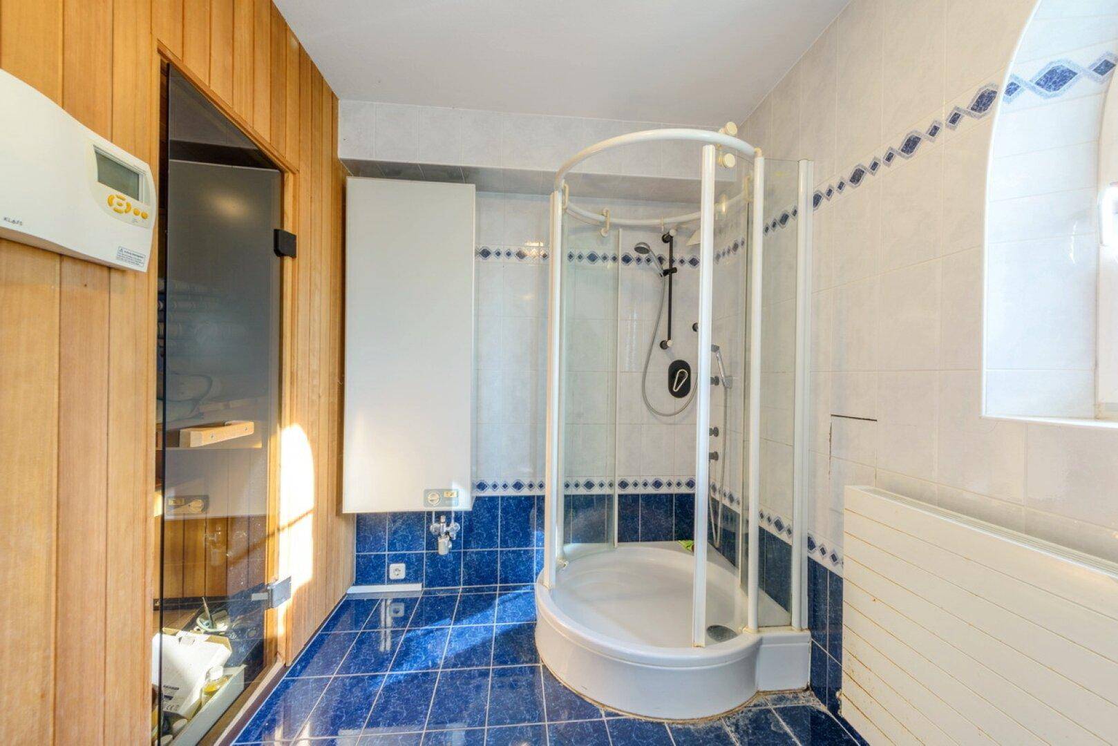 Badezimmer mit Duschkabine, blauen Fliesen und integrierter Sauna.