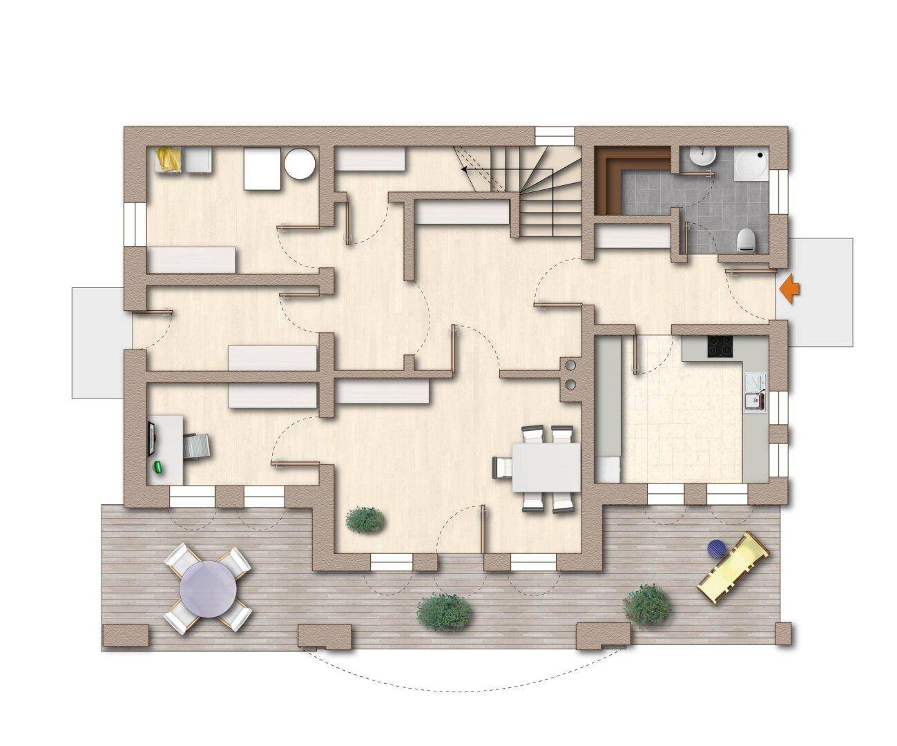 Grundriss des Erdgeschosses mit offener Küche, Essbereich und großer Terrasse.
