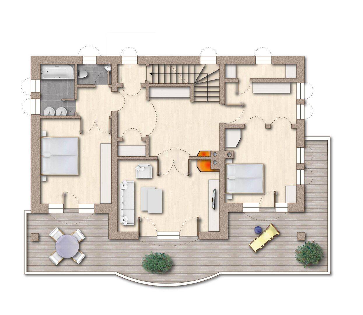 Grundriss des Obergeschosses mit Schlafzimmern, Bädern und Balkon.