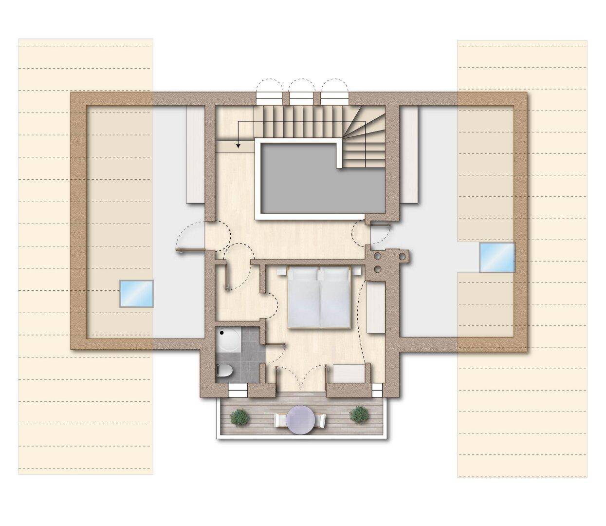 Grundriss des Dachgeschosses mit Schlafzimmer, Bad und Balkon.