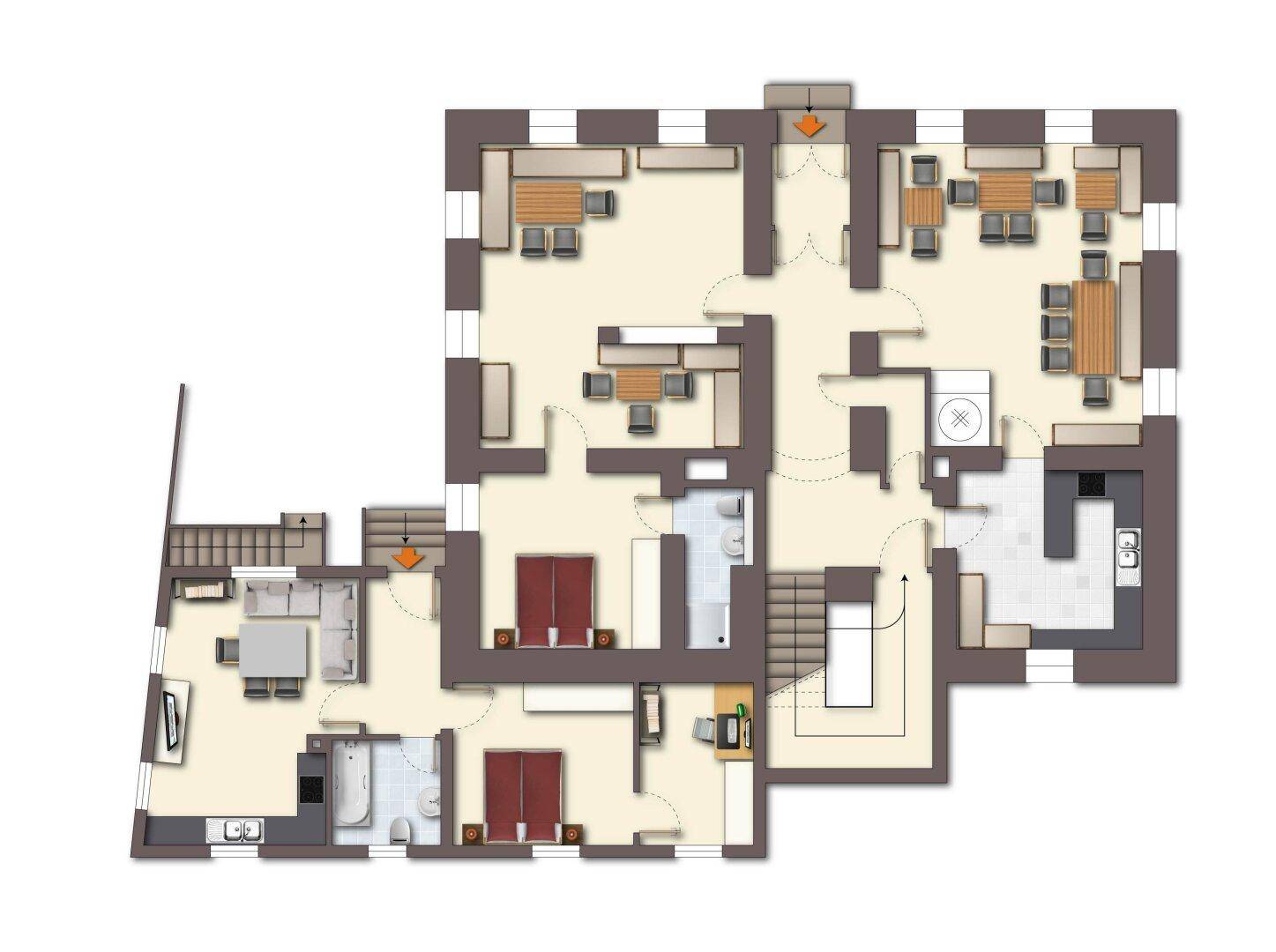 Grundrissplan des Erdgeschosses mit mehreren Zimmern und Essbereichen.