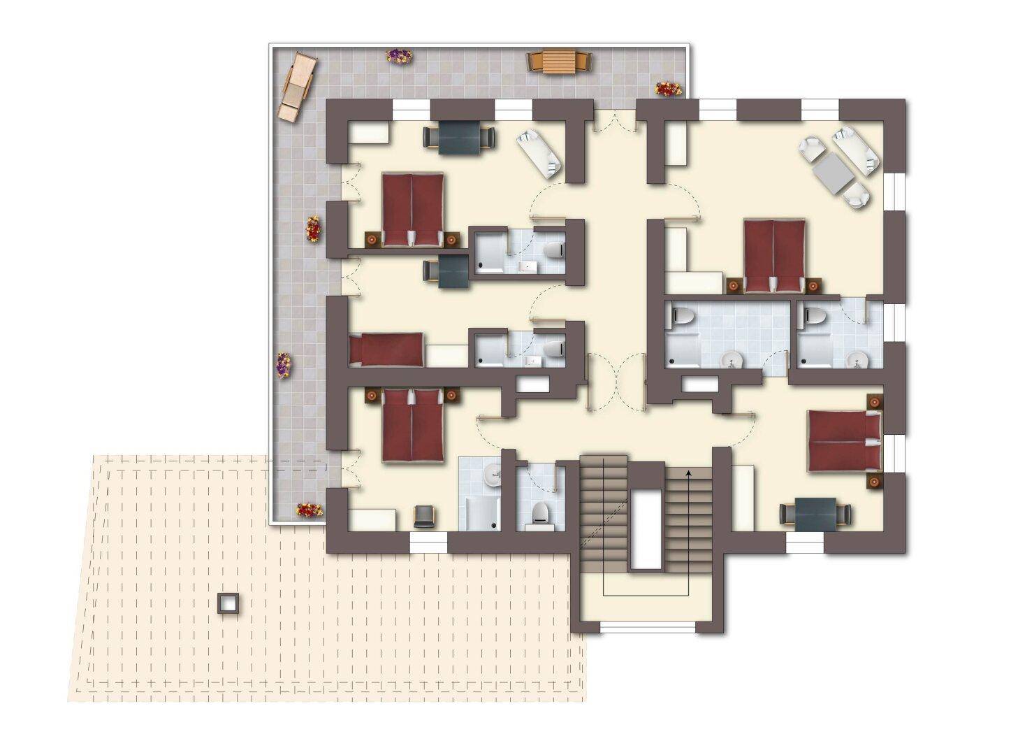 Grundrissplan eines Obergeschosses mit mehreren Schlafzimmern und Bädern.