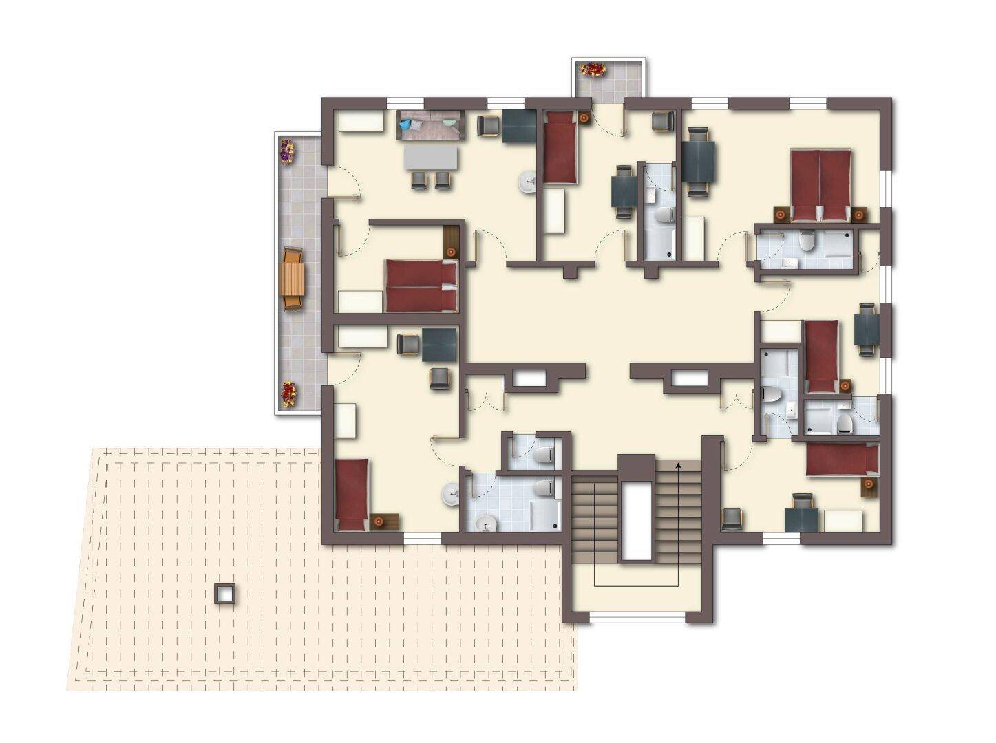 Grundrissplan eines weiteren Obergeschosses mit Schlafzimmern, Bädern und Balkon.