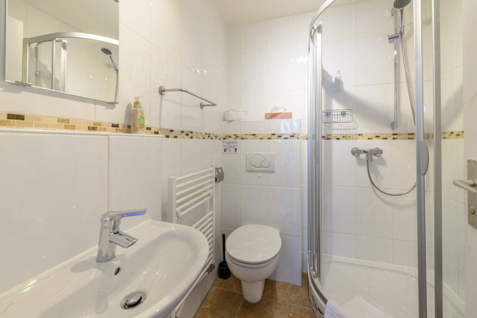 Helles Badezimmer mit Dusche, WC und beheiztem Handtuchhalter.