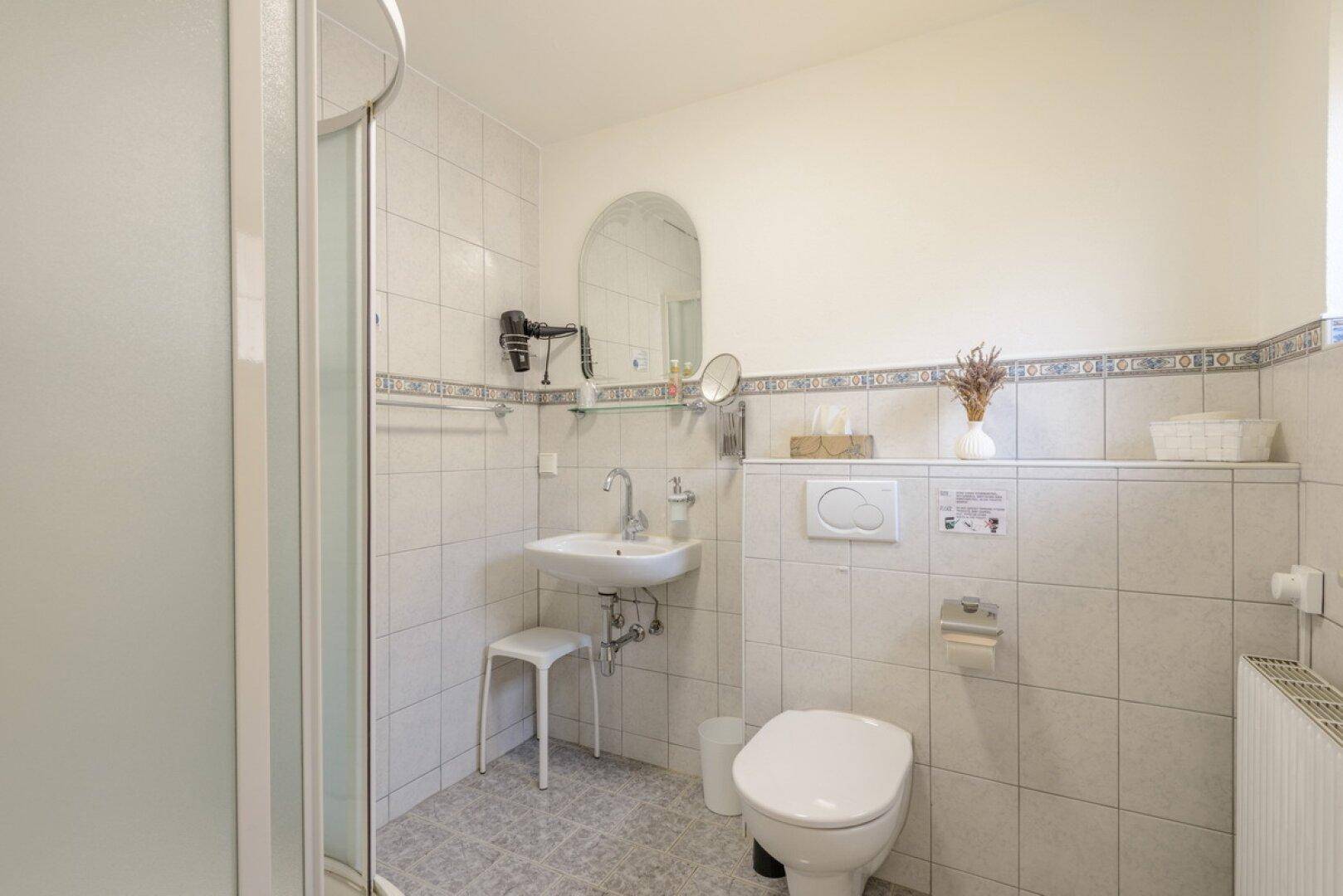 Funktionales Badezimmer mit Duschkabine, WC und Fliesenboden.