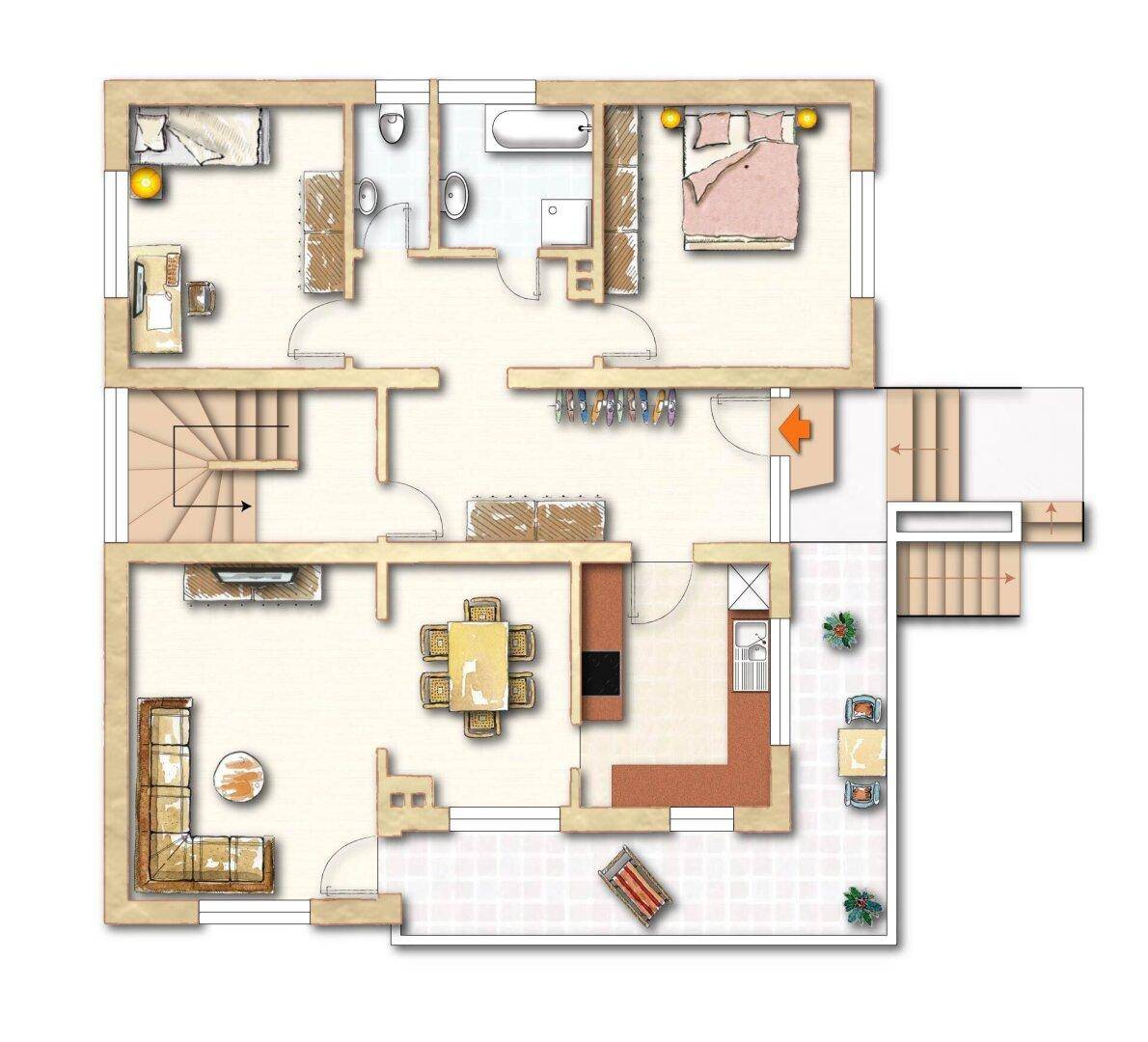 Grundriss des Erdgeschosses mit Wohnbereich, Küche, Schlafzimmer und Bad.