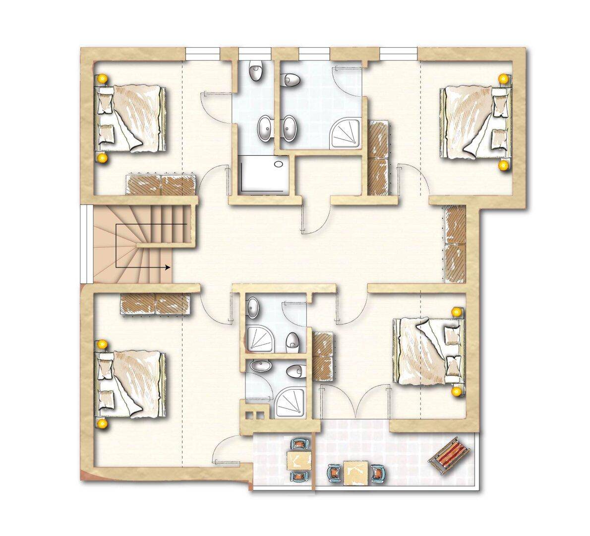 Grundriss des Obergeschosses mit vier Schlafzimmern und zwei Bädern.