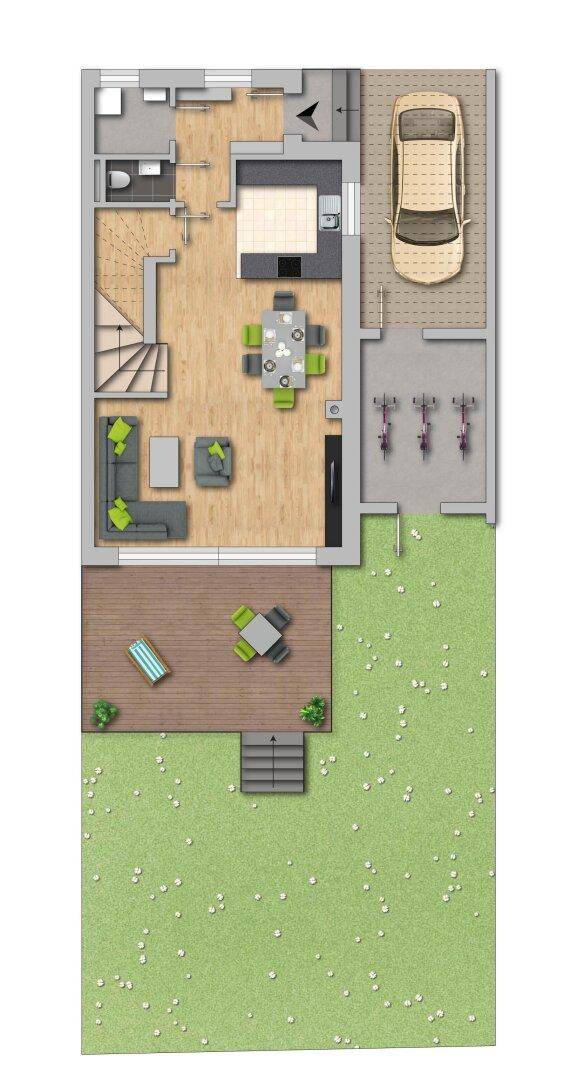Grundriss des Erdgeschosses mit offenem Wohnbereich, Terrasse und Garten.