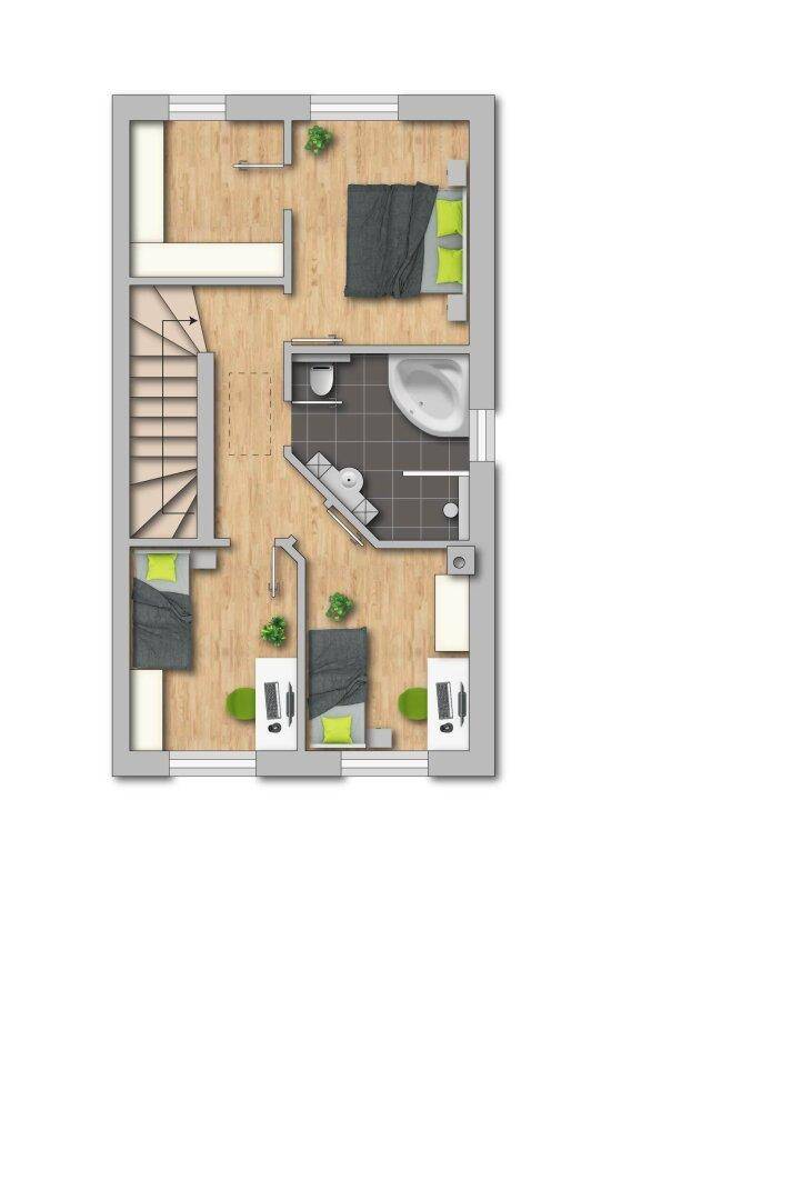 Grundriss des Obergeschosses mit drei Schlafzimmern und einem Badezimmer.