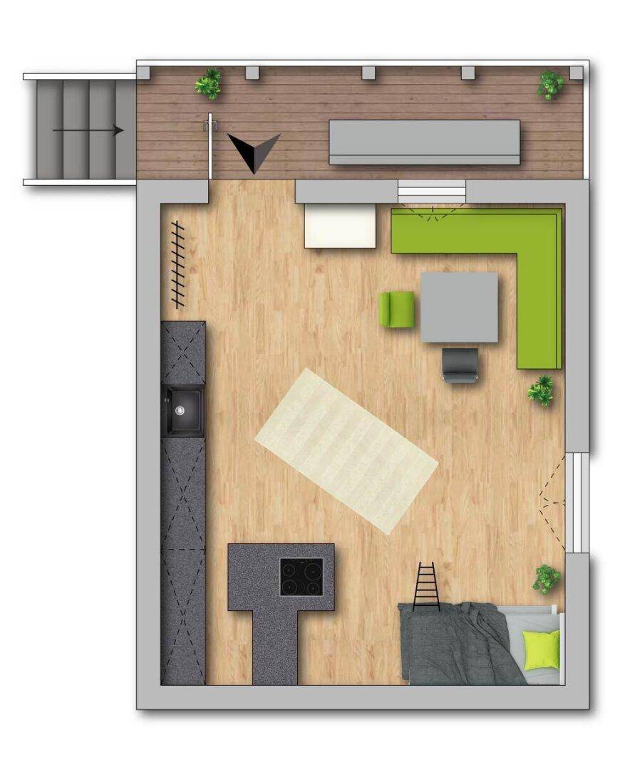 Grundriss einer Einzimmerwohnung mit offener Küche, Wohnbereich und Zugang zur Terrasse.