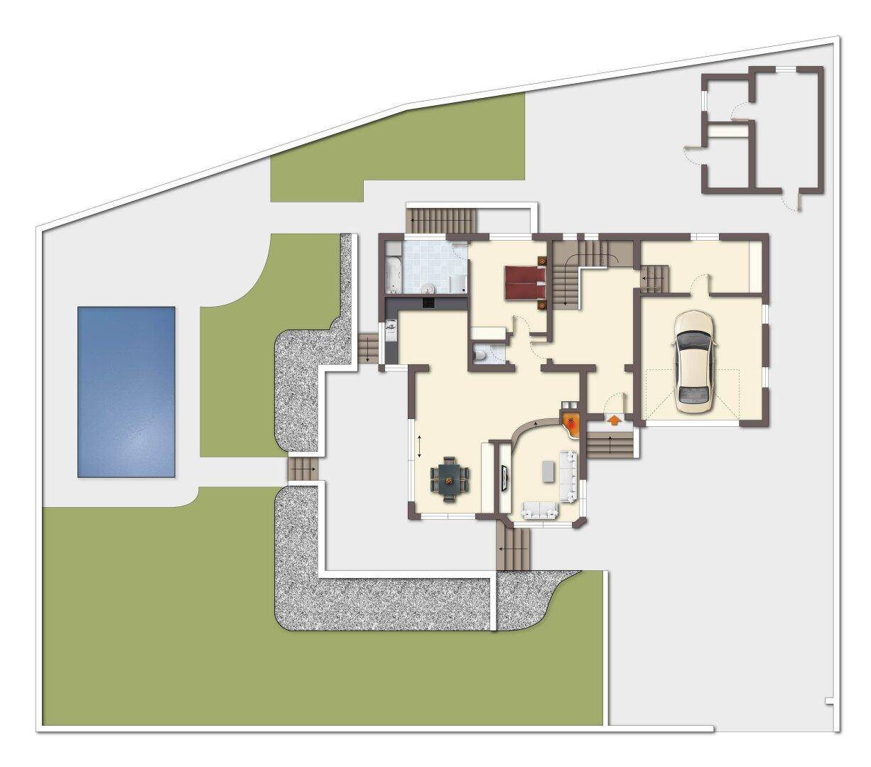 Grundriss des Erdgeschosses mit offenem Wohnbereich, Garage, Garten und privatem Pool.