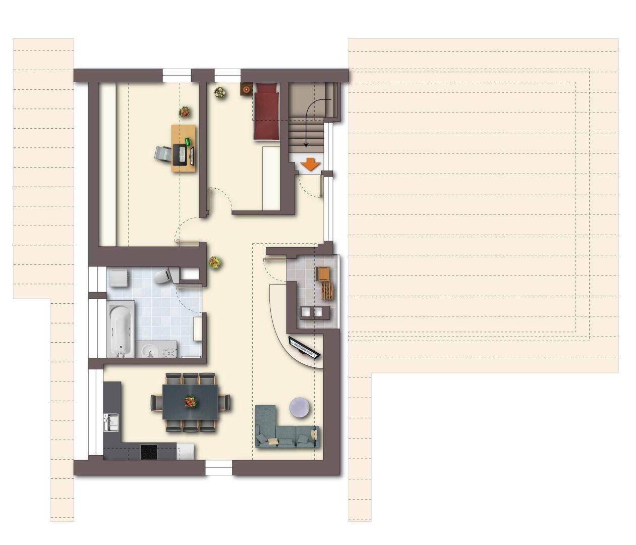 Grundriss des Dachgeschosses mit offenem Wohnbereich, Schlafzimmer, Bad und großer Dachterrasse.