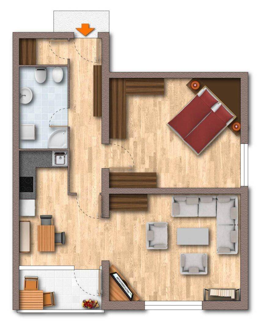 Grundriss einer Wohnung mit Schlafzimmer, Wohnbereich, Küche und Bad.