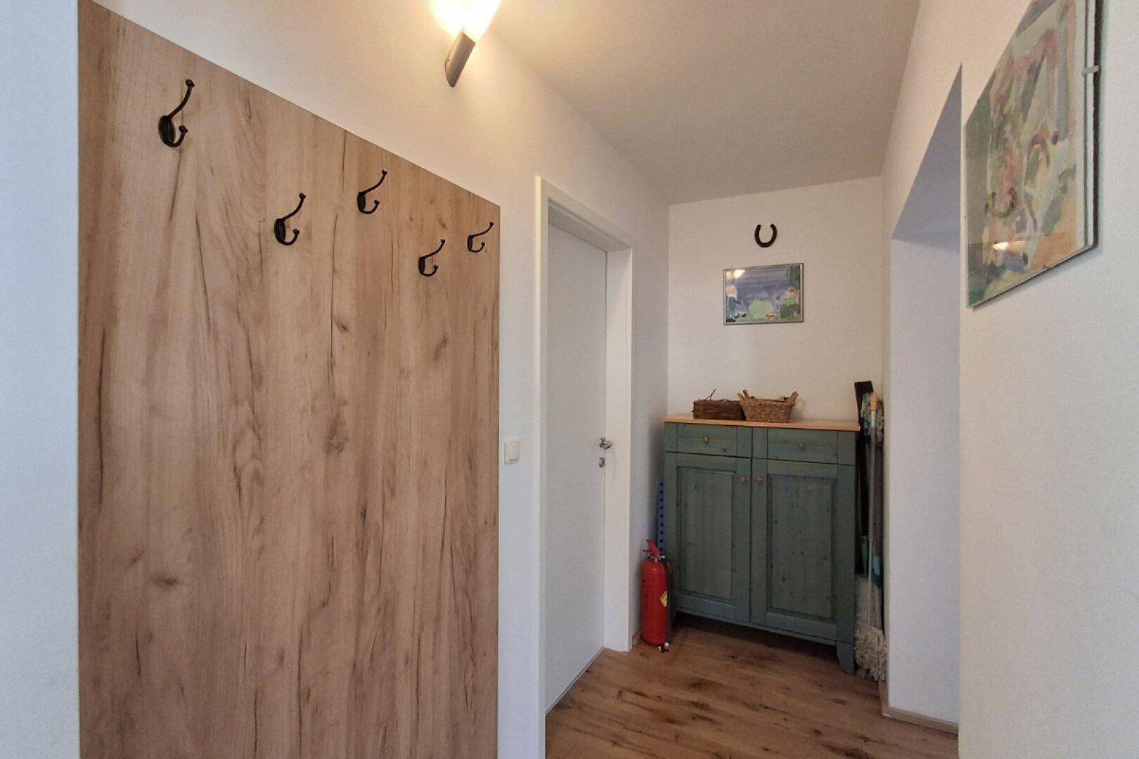 Eingangsbereich mit Holzwandverkleidung, Garderobenhaken und Holzboden.