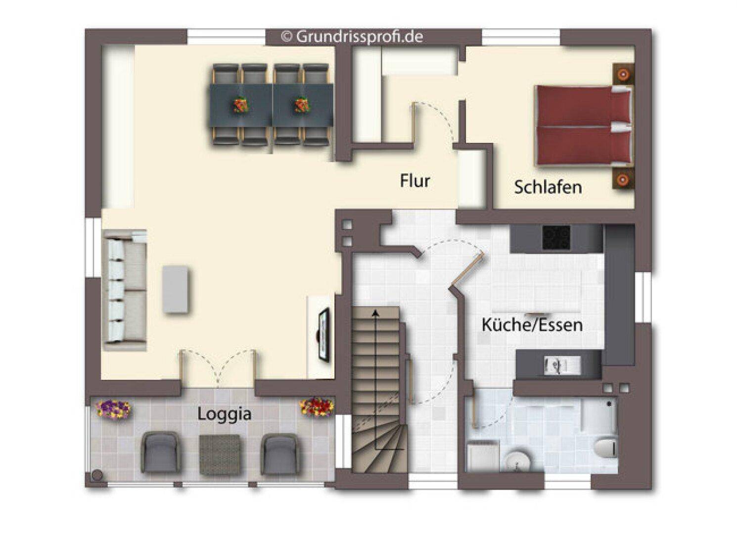 Grundriss der Wohnung mit Wohn-, Ess- und Schlafbereichen sowie Loggia.