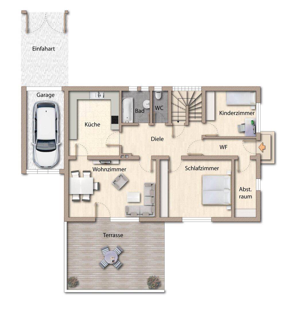 Grundriss des Erdgeschosses mit Küche, Wohnzimmer, Schlafzimmer, Kinderzimmer und Terrasse.