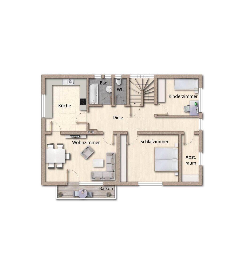 Grundriss des Obergeschosses mit Küche, Wohnzimmer, Schlafzimmer, Kinderzimmer und Balkon.