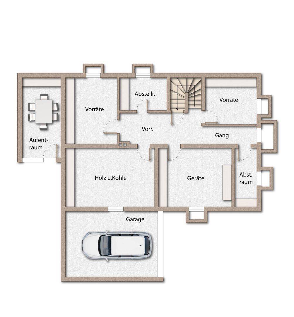 Grundriss des Kellergeschosses mit Vorratsräumen, Heizraum, Geräteraum und Garage.