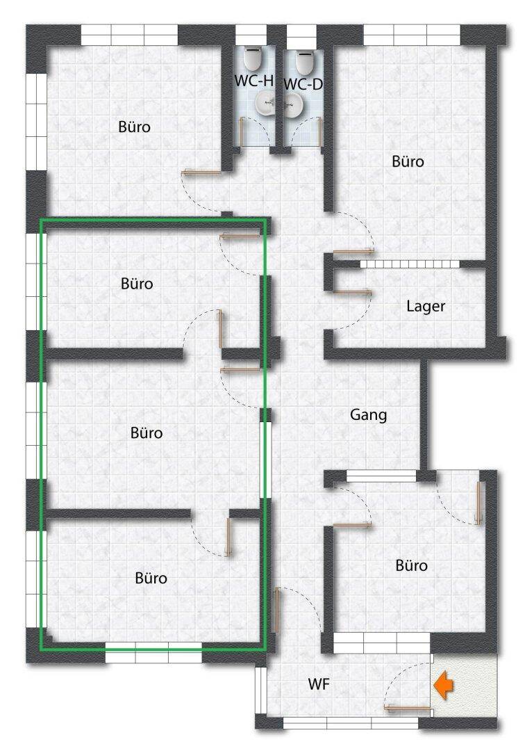 Grundrissplan mit mehreren Büroräumen, einem Lagerbereich, einem Flur und getrennten Toiletten.