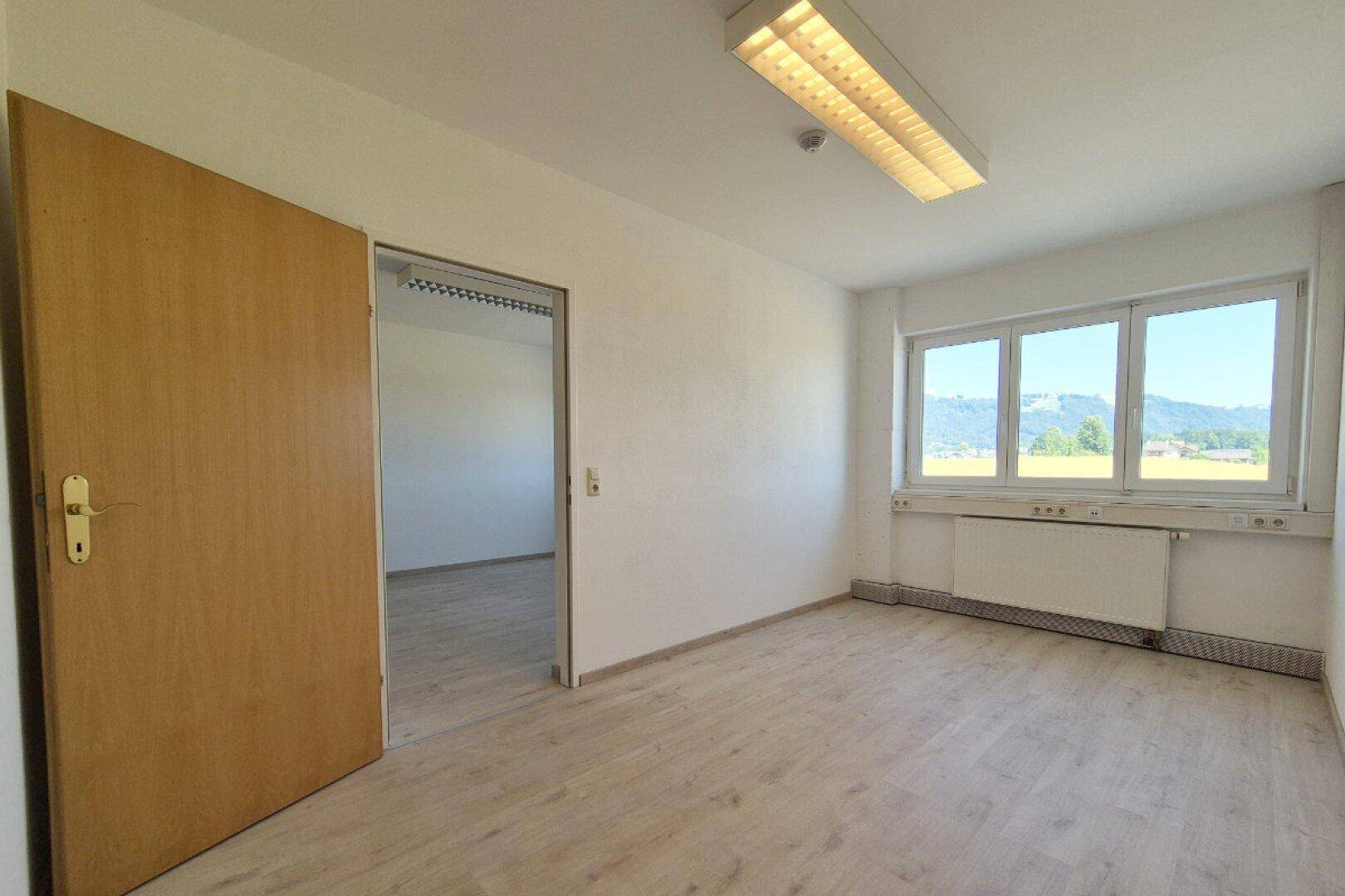 Leeres Bürozimmer mit Laminatboden, weißen Wänden und einem großen Fenster mit Blick ins Grüne.