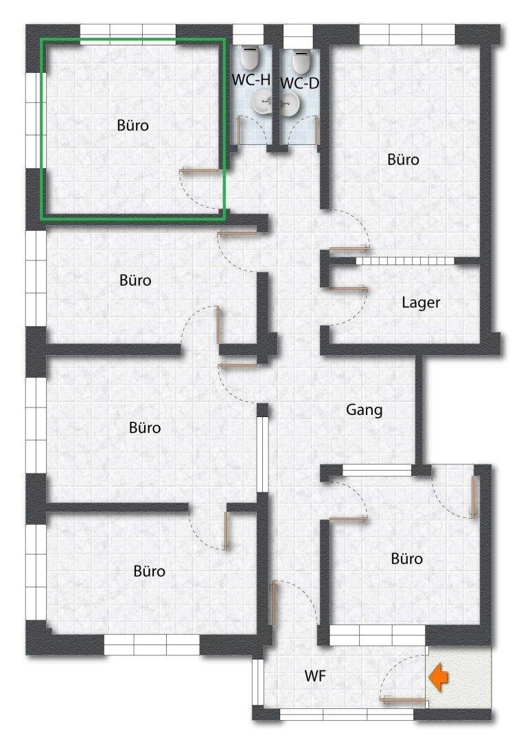 Grundrissplan mit mehreren Büroräumen, Toiletten und einem Lagerbereich.
