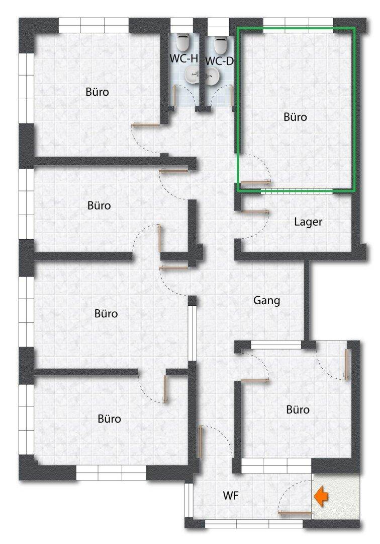 Grundrissplan mit mehreren Büroräumen, einem Lager und getrennten Toilettenbereichen.