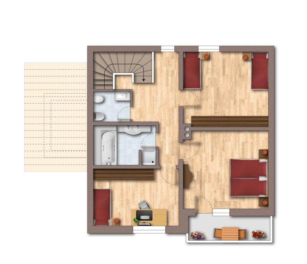 Grundriss des Obergeschosses mit Schlafzimmern, Badezimmer und einem Balkon.
