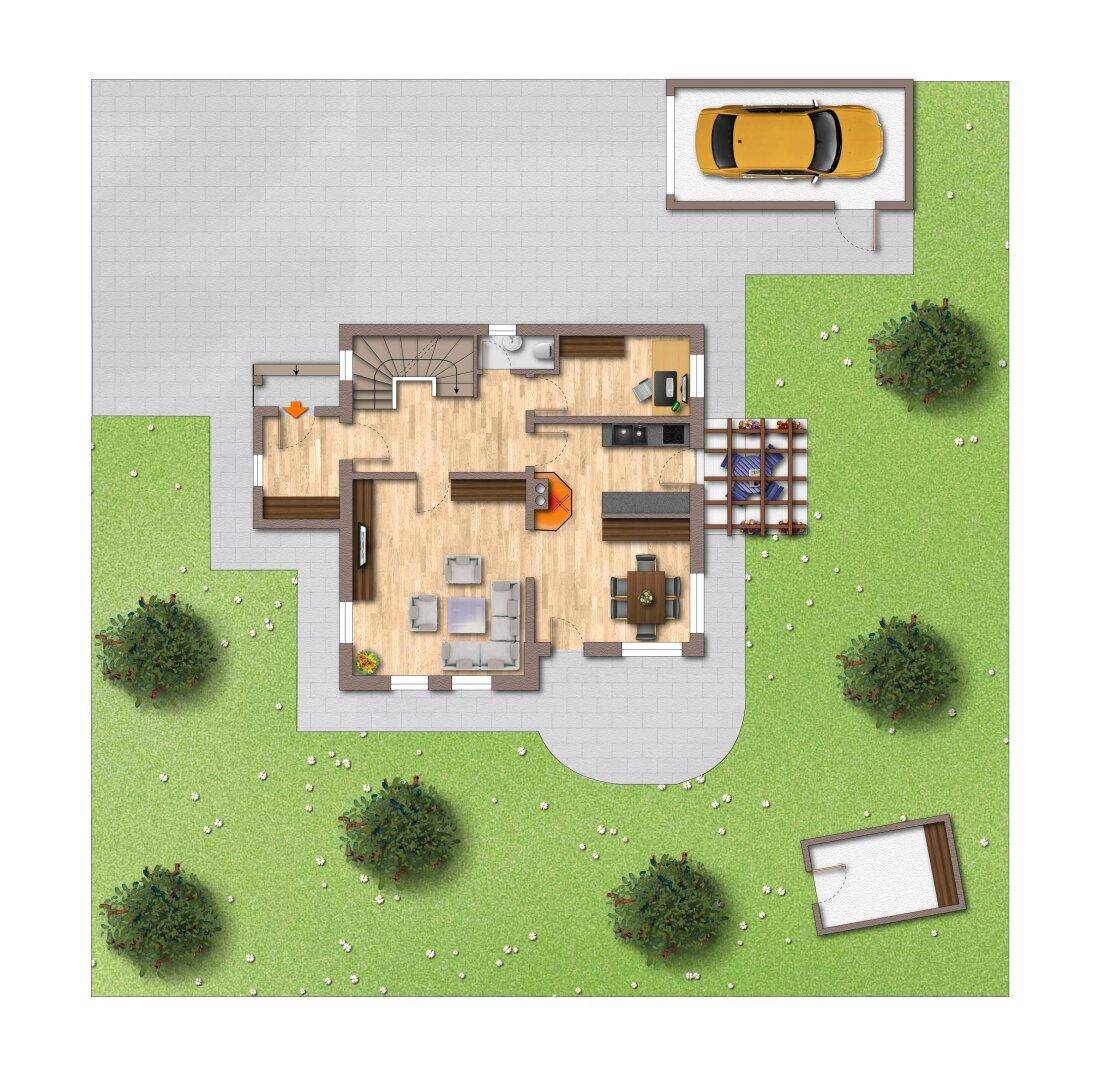 Grundriss des Erdgeschosses mit offenem Wohnbereich, Küche, Esszimmer und Garage.