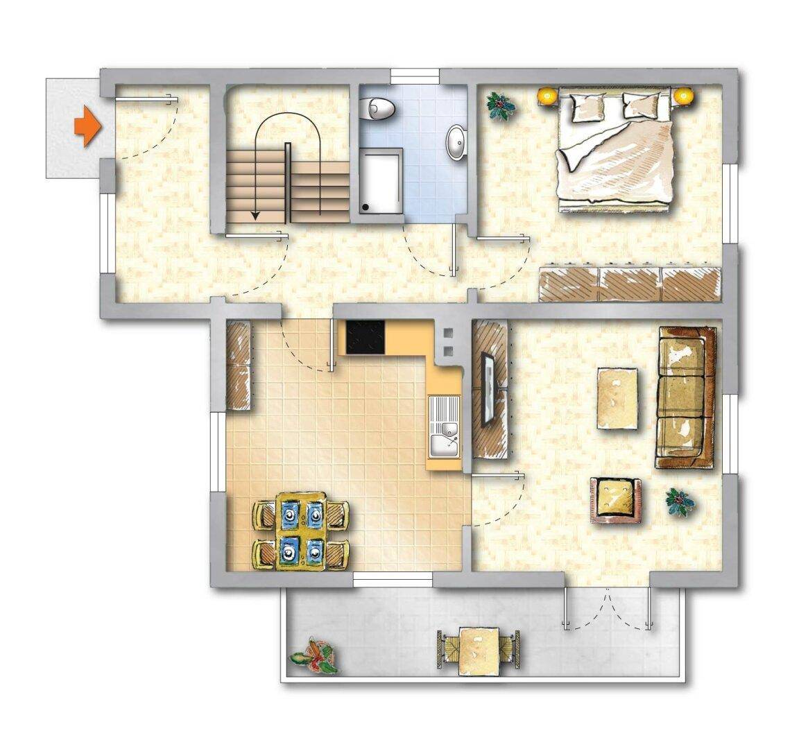 Grundriss des Erdgeschosses mit Schlafzimmer, Bad, Wohnbereich, Küche und Terrasse.
