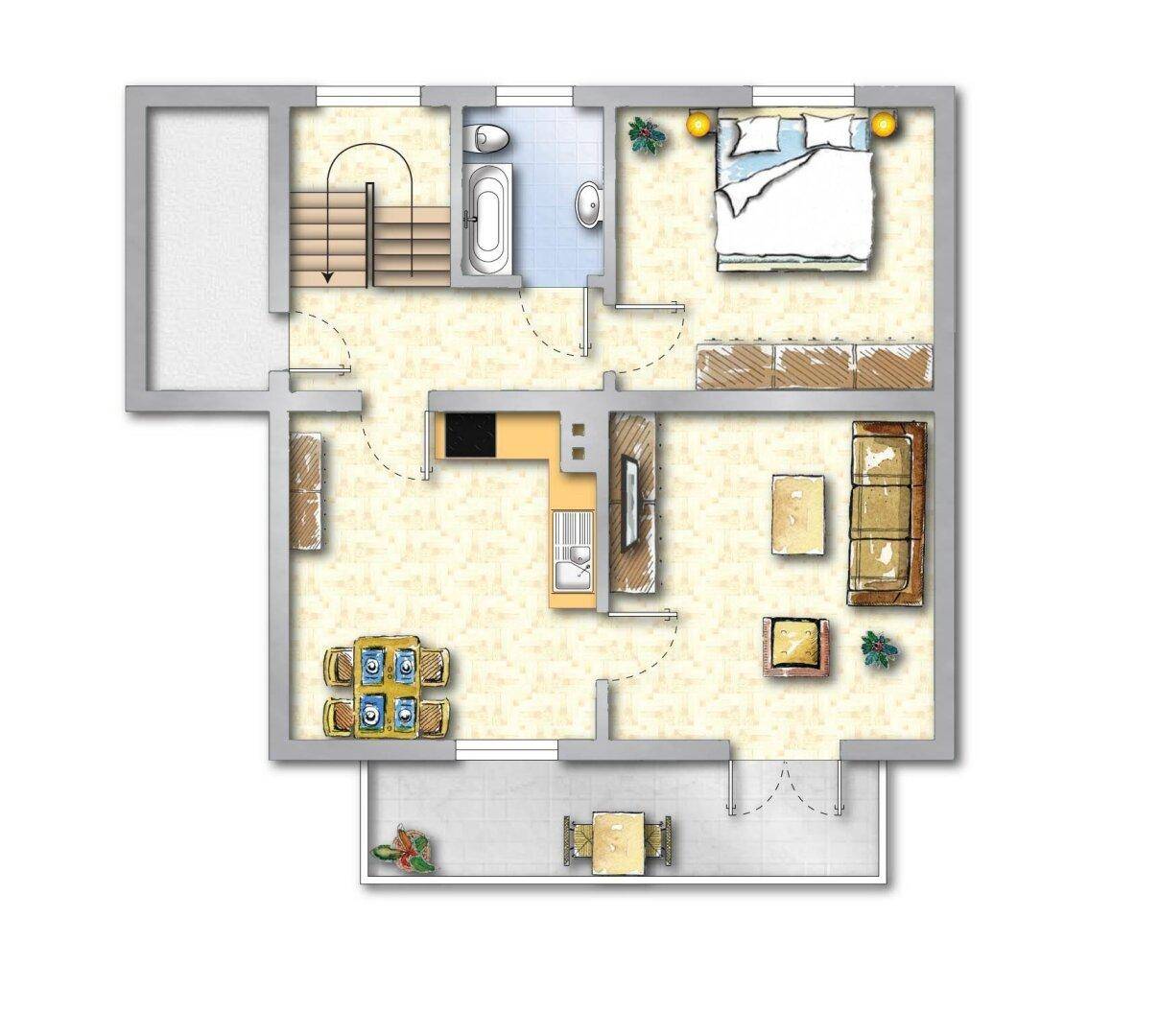 Detaillierter Grundriss mit Schlafzimmer, Badezimmer, offenem Wohnbereich und Terrasse.