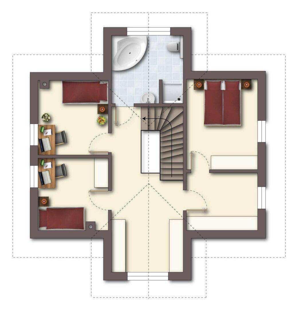 Grundriss des Obergeschosses mit drei Schlafzimmern und einem Badezimmer mit Dusche.