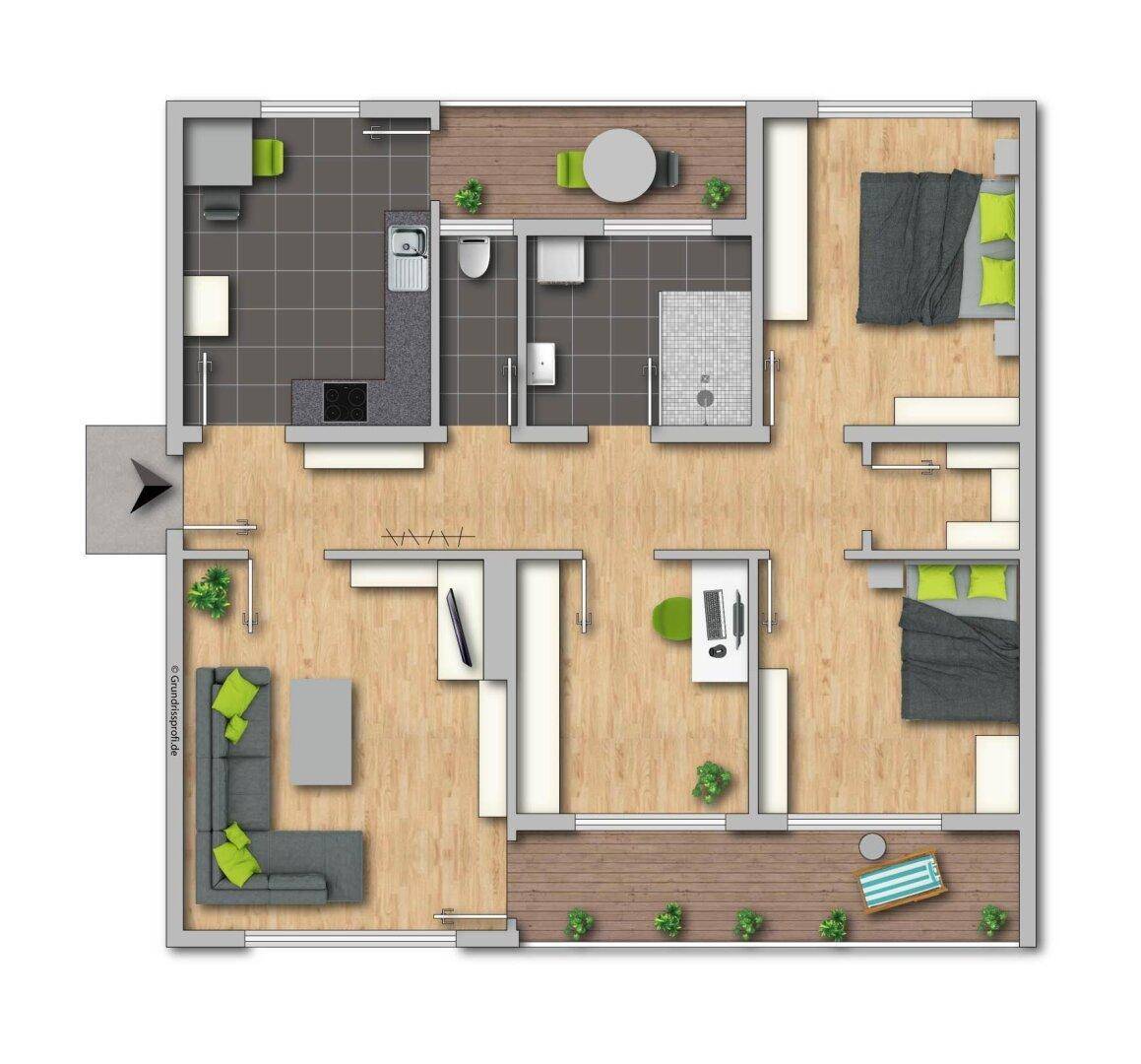 Detaillierter Grundriss einer Wohnung mit zwei Schlafzimmern, offenem Wohnbereich und zwei Balkonen.