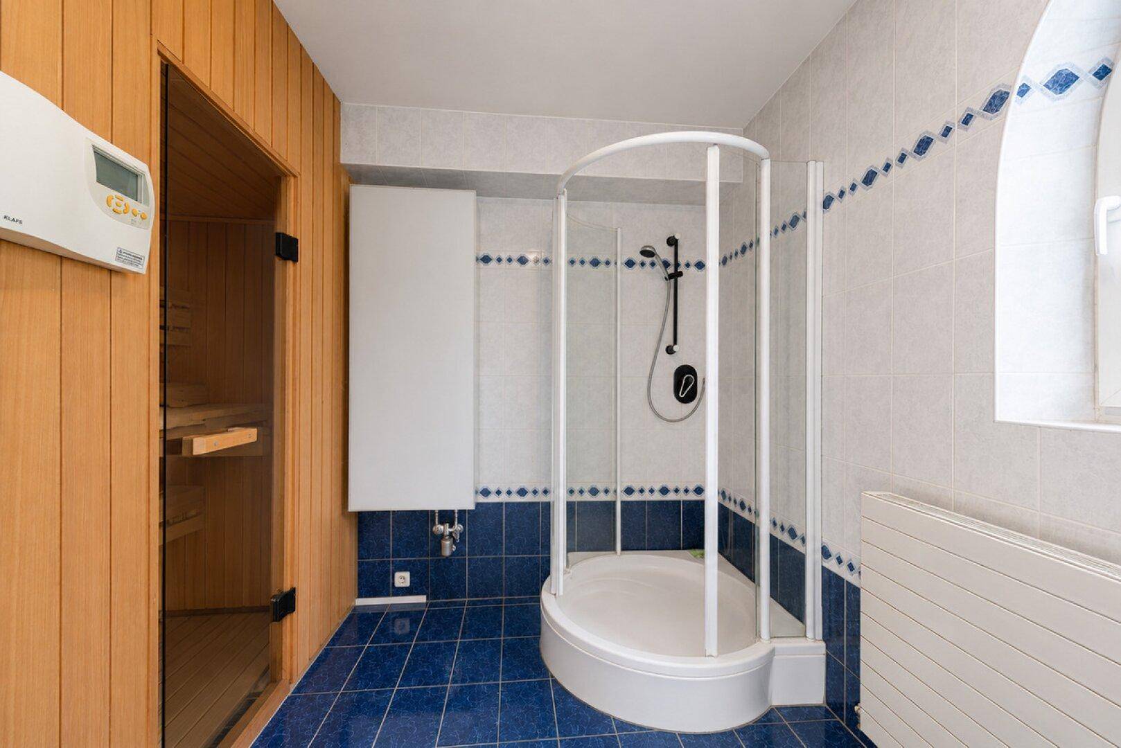 Badezimmer mit blauen Fliesen, Duschkabine und integrierter Holzsauna für Wellness.