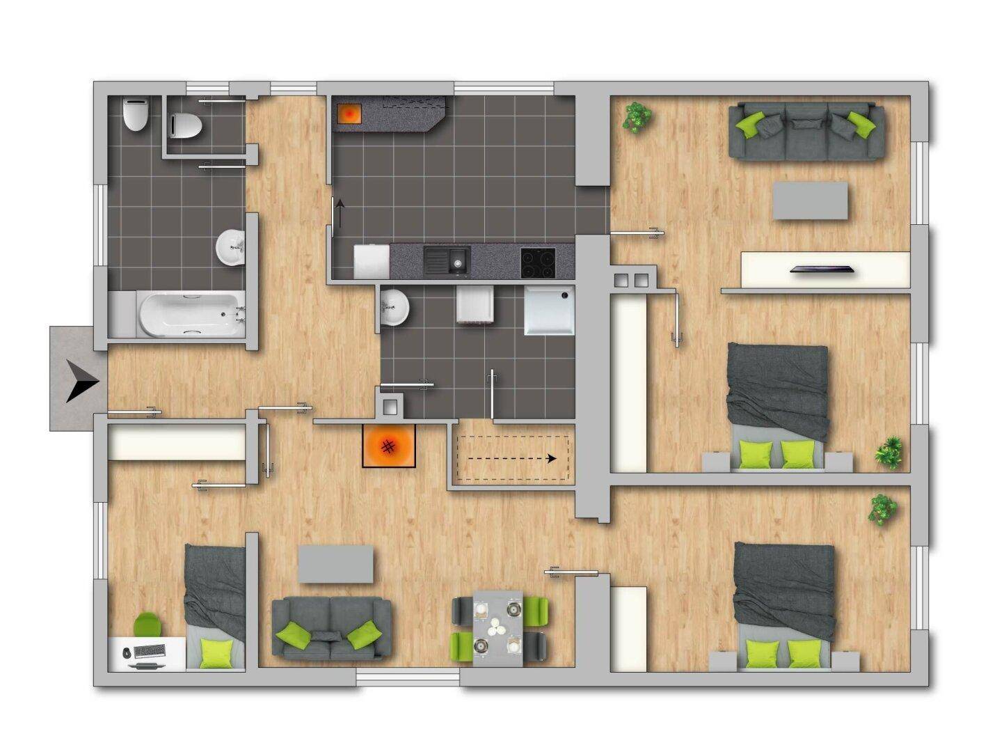 Detaillierter Grundriss einer Wohnung mit drei Schlafzimmern, offenem Wohnbereich und zwei Bädern.