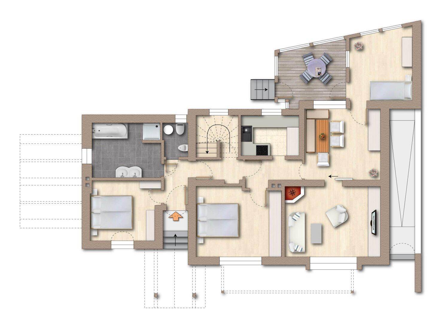 Detaillierter Grundriss einer Wohnung mit drei Schlafzimmern, offenem Wohnbereich, Kamin und großer Terrasse.