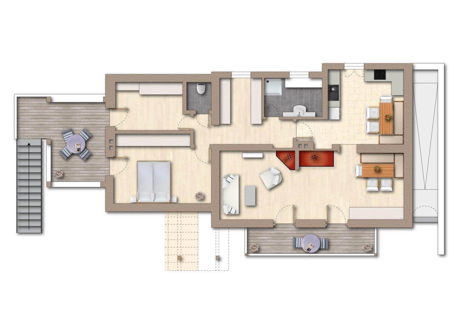 Grundriss einer Wohnung mit zwei Schlafzimmern, offenem Wohnbereich, Kamin und zwei Terrassen.