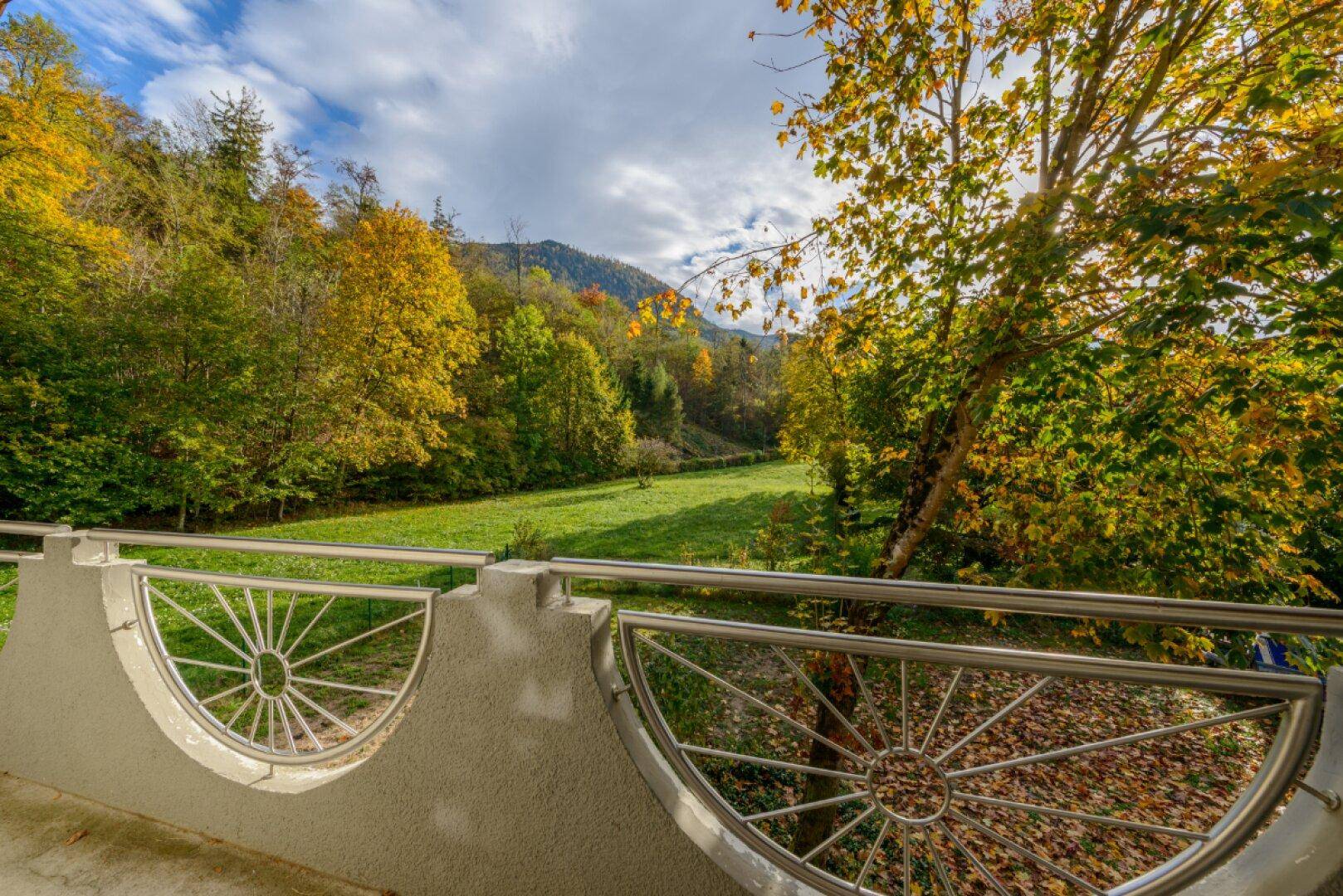 Balkon mit Metallgeländer und weitem Blick auf grüne Wiesen und bewaldete Berge.