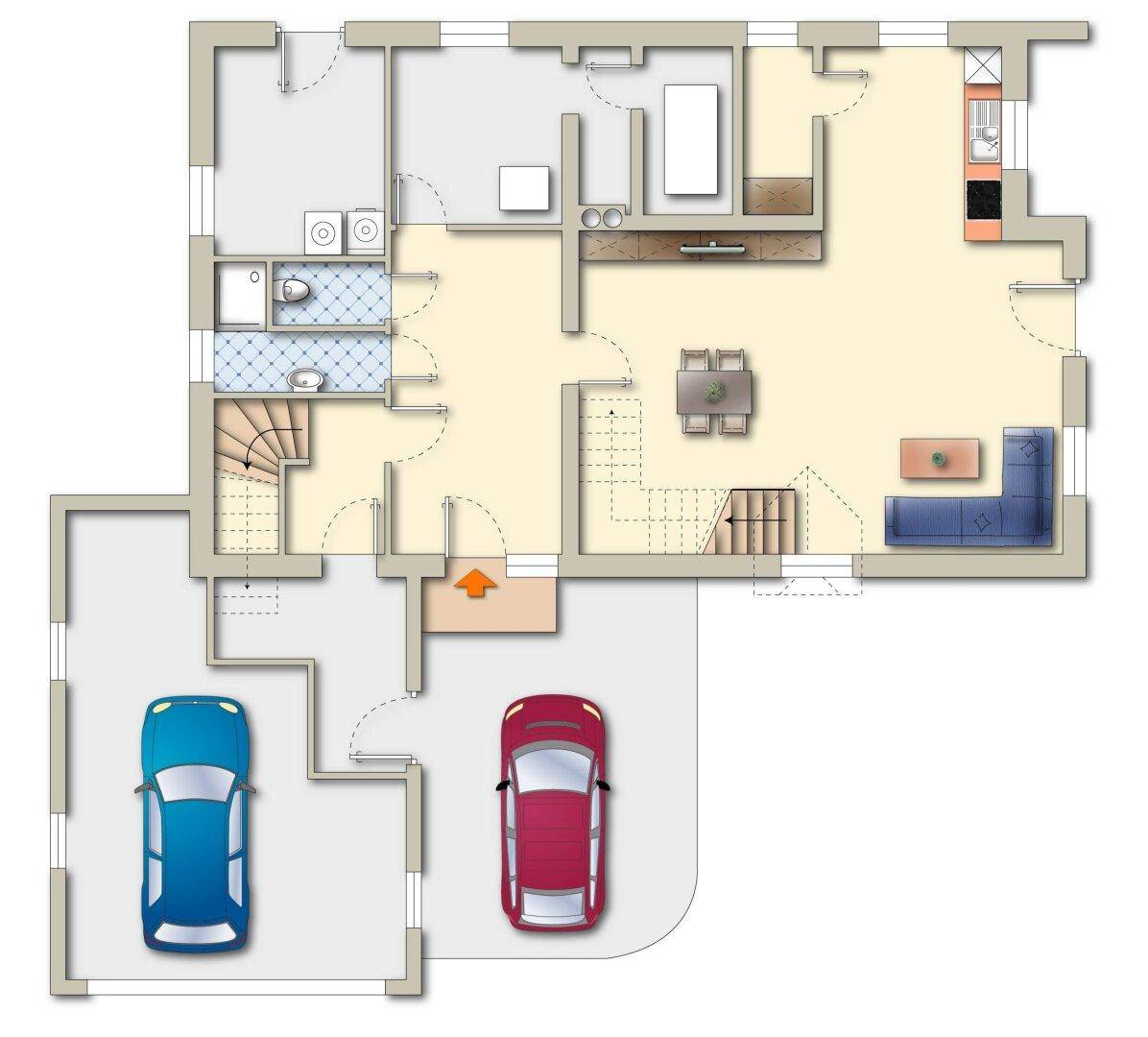 Grundriss des Erdgeschosses mit Wohnbereich, Küche, Bad und Garage für zwei Autos.