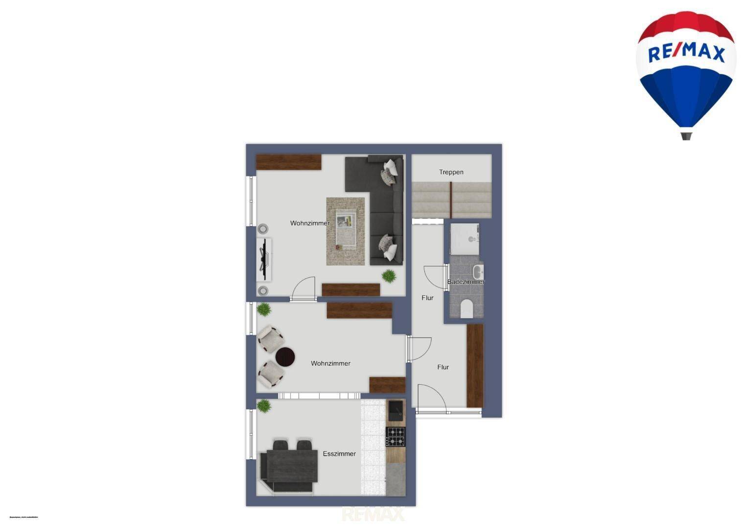 Grundriss des Erdgeschosses mit Wohnzimmer, Esszimmer und Küche, inklusive Treppenhaus.