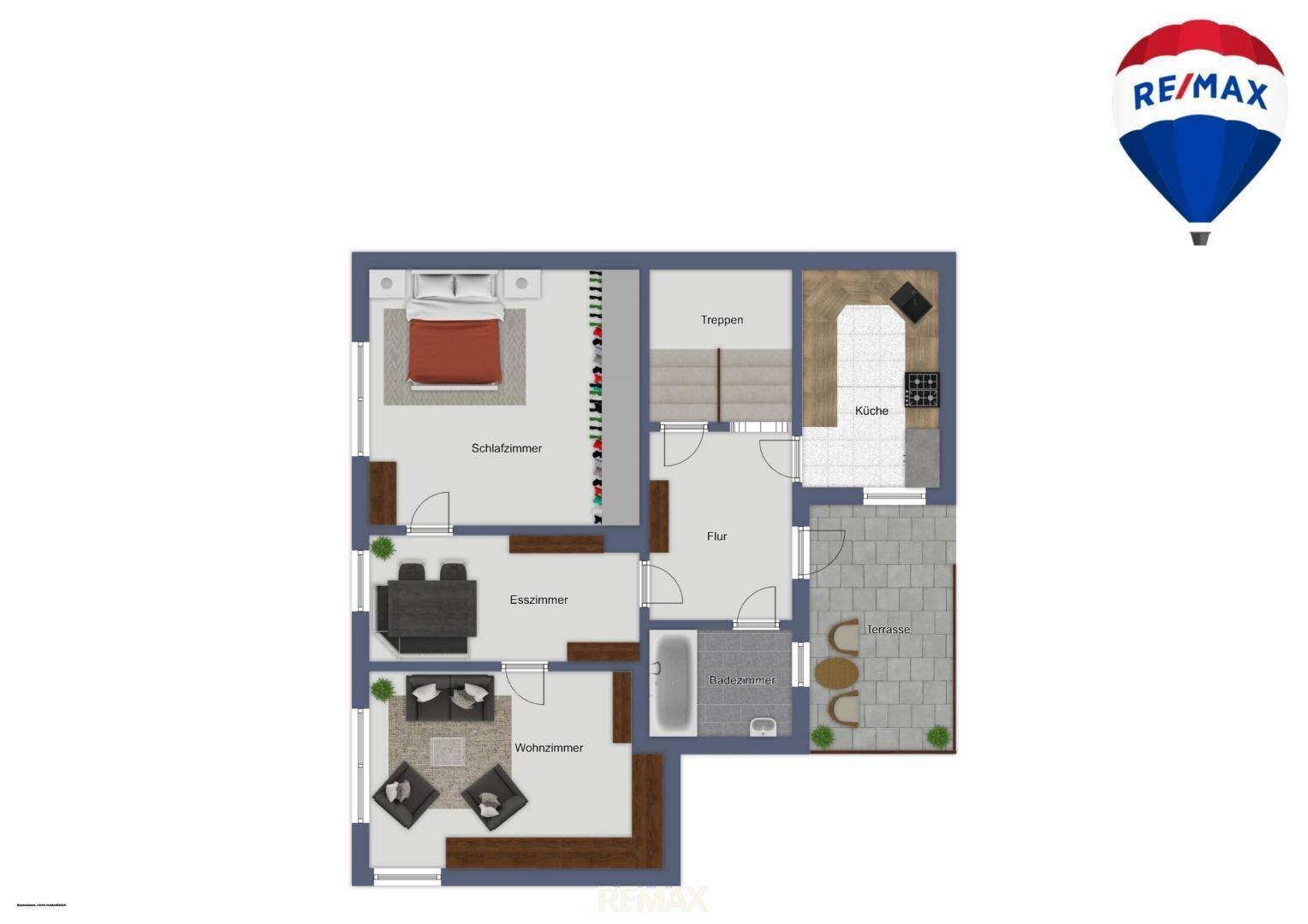 Grundriss des Obergeschosses mit Schlafzimmer, Bad und Terrasse, gut aufgeteilt.