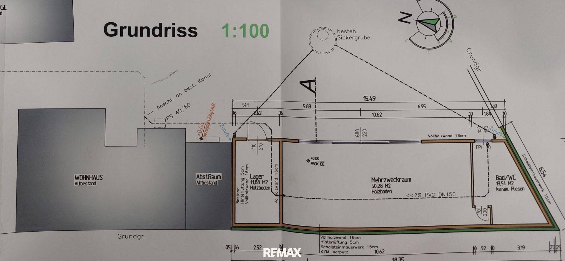 Detaillierter Grundriss mit Wohnhaus, Abstellraum, Lager, Mehrzweckraum und Bad/WC.