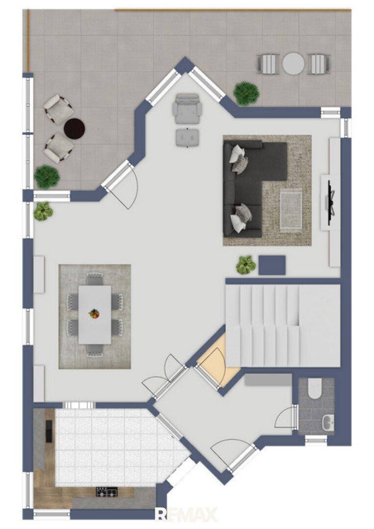Grundriss des Erdgeschosses mit offenem Wohn-Essbereich und Terrasse.